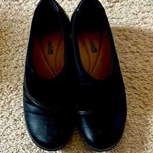 CLARKS COLLECTION SOFT CUSHION BLACK LEATHER AND FABRIC WEDGE SHOES size 7 1/2